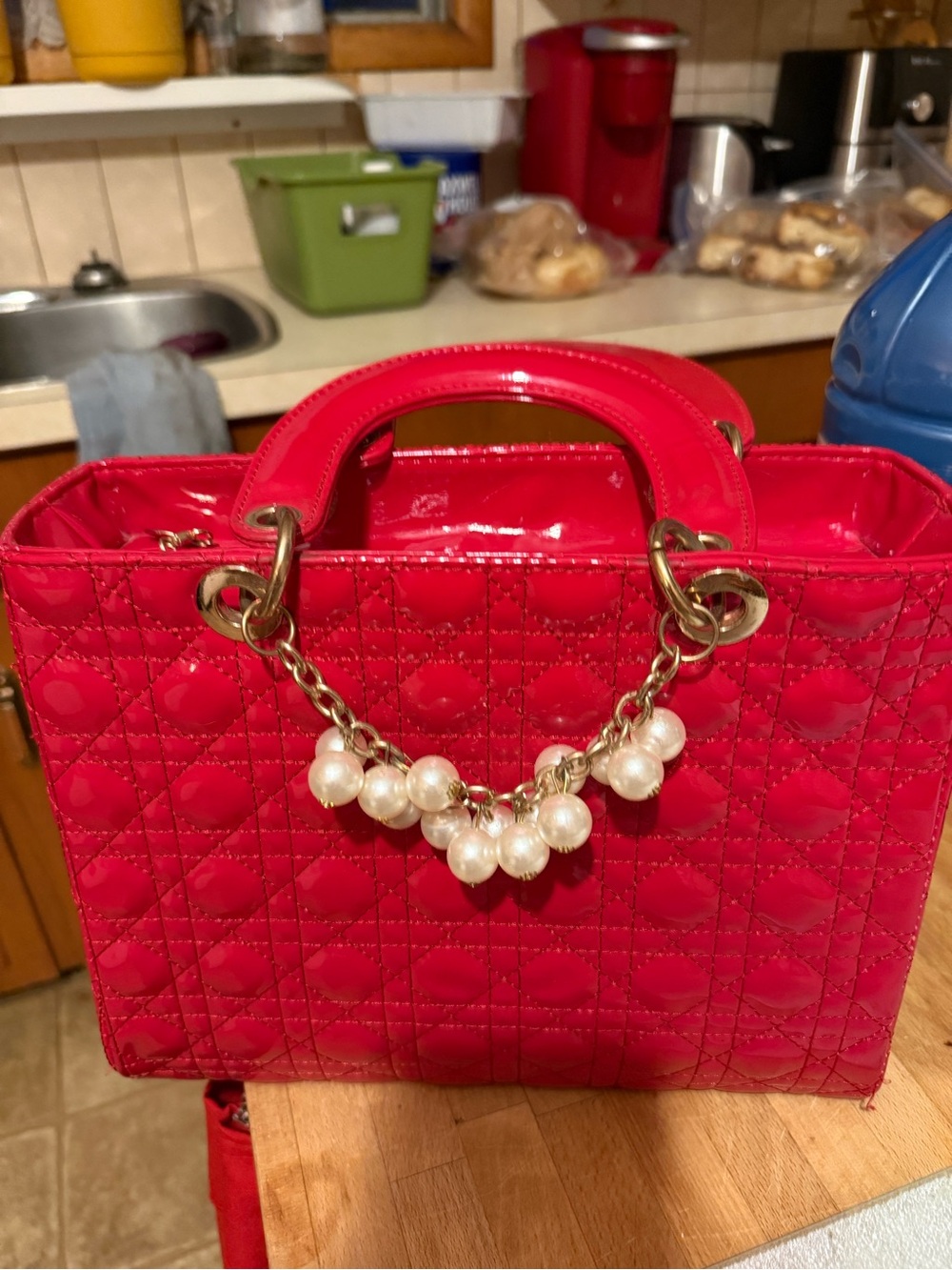 Patent Quilted Satchel with Pearl Chain Accent - Red